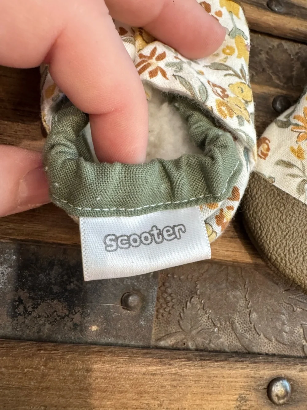 Soft Floral Baby Moccasins in Olive and Mustard - Cozy Walker Shoes
